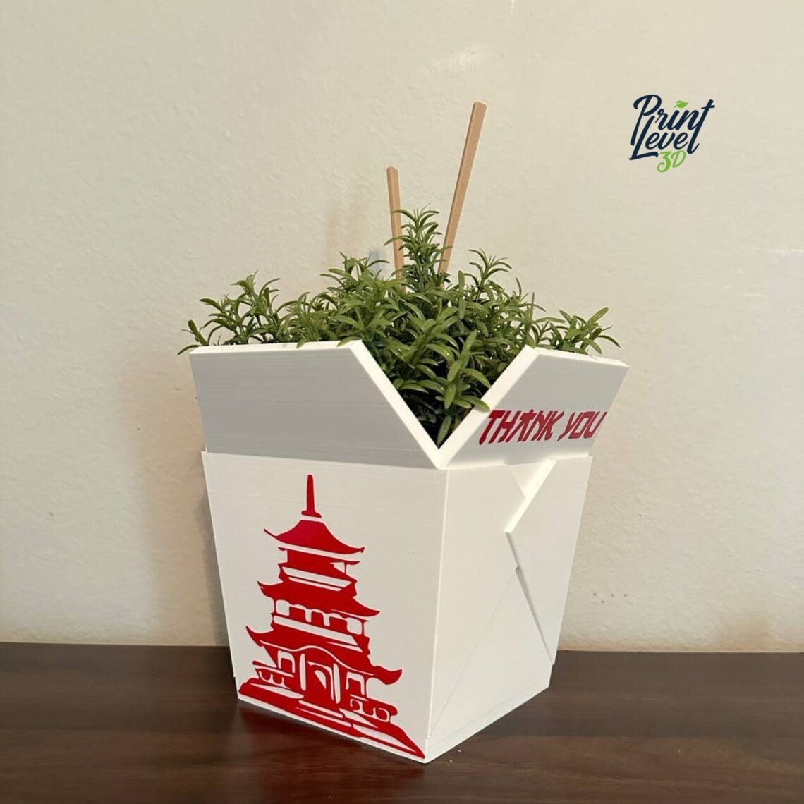 Full Set Chinese Planter Take-Out Box Large with Drainage Tray - FREE TWO CHOPSTICKS - Chinese Take out Planter Pot - 3D printed planter - Print Level 3D